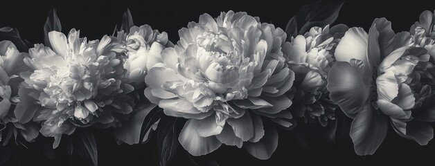 Monochrome close-up of lush peony blossoms and leaves on a dark background conveying serene elegant moody calm