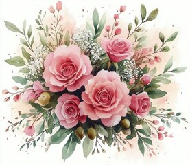 Soft watercolor bouquet of pink roses with baby's breath, small buds, green leaves and seed pods, a delicate romantic and serene floral arrangement