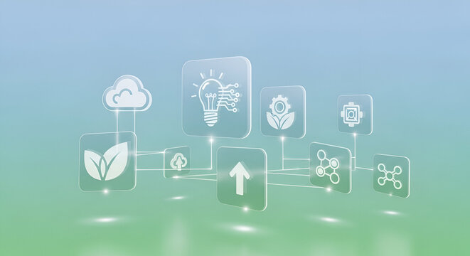 Digital concept illustration showcasing interconnected icons representing sustainable technology innovation cloud computing data processing and growth strategies in a modern abstract environment - Powered by Adobe