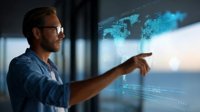 Confident businessman interacts with futuristic digital world map interface in modern office at sunset. Innovative technology and data visualization empower global business decisions and analytics