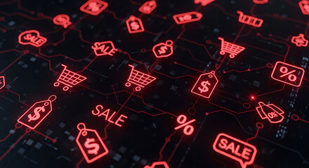 Glowing red digital commerce icons including shopping carts sale signs price tags and percentage symbols flicker across a dark circuit board background symbolizing online retail technology and market 