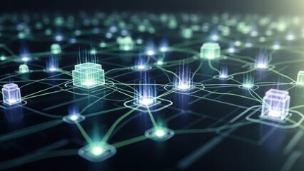 A network of interconnected cubes and light beams on a dark background.