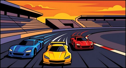 Colorful Cartoon Sports Cars Racing on Track at Sunset