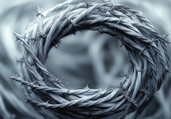 Close-up of coiled barbed wire loop with sharp barbs in cold bluish tones conveying tension, danger and isolation