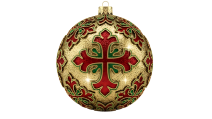 Luxurious glittering gold Christmas ornament with red and green religious cross pattern isolated PNG with Transparent Background