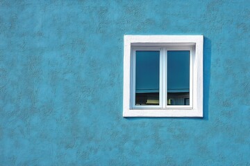 Single white-framed window on textured blue stucco wall reflecting sky and rooftop, minimal calm and sunny simplicity