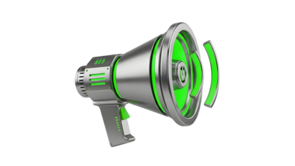Modern silver and green futuristic megaphone isolated for marketing and announcement concepts isolated PNG with Transparent Background