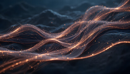 Vibrant glowing orange light trails flowing across dark landscape