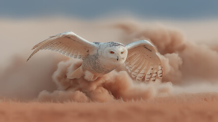 砂塵を切り分けて空を飛ぶ白ふくろう