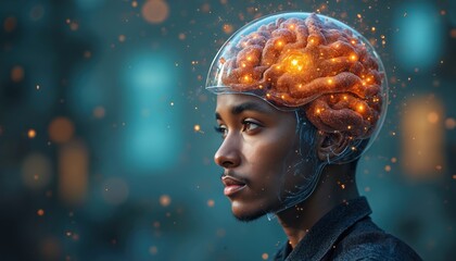 Brain activity concept visualisation. Dark skinned man with exposed brain inside protection helmet. Glowing particles flying in the air around. Idea of AI brainpower and intellectual enhancement.