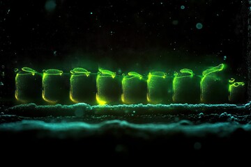 Close-up of glowing green and yellow rectangular shapes with small detailed extensions on top, set against a dark, blurred background creating a mystical atmosphere