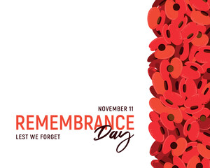 A traditional banner with red flowers for Remembrance Day, celebrated in the UK on November 11. Poppy Day commemorates service members who died in the line of duty. Flat style vector.