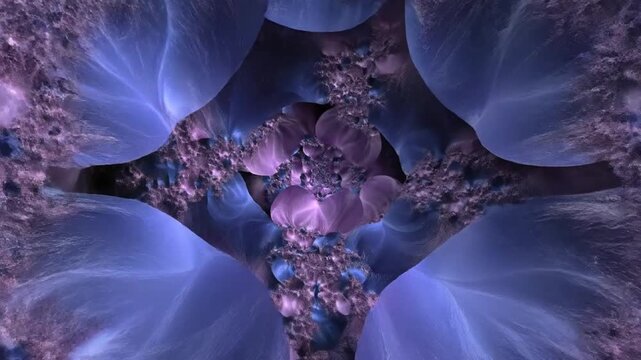 A vivid purple fractal tunnel with glowing orbs, icy crystalline textures, and deep recursion depth