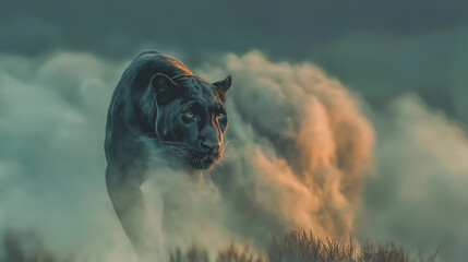 勇壮なヒョウが砂塵を舞上げながら走る姿