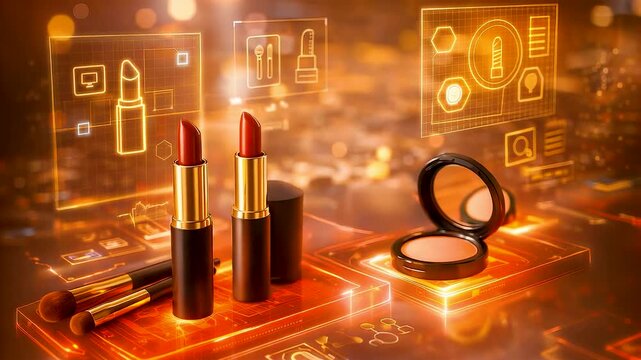 Luxury cosmetic makeup products displayed with digital beauty interface technology showcasing modern skincare innovation and retail presentation