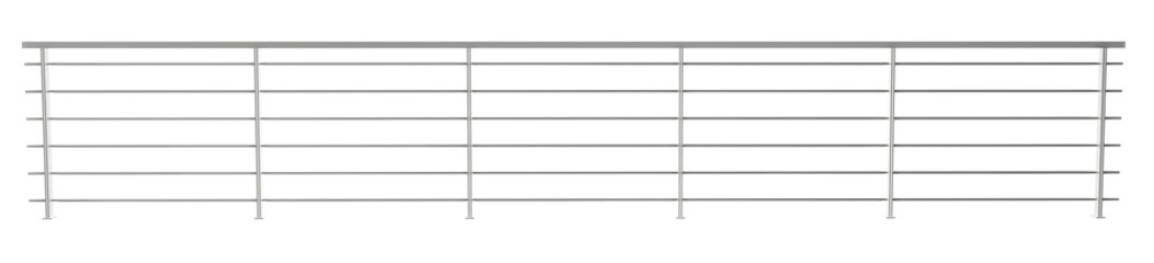 Naklejka premium realistic 3d render of modern stainless steel railing. perspective view of silver metal balcony fence with horizontal bars. architectural handrail element isolated for exterior design.