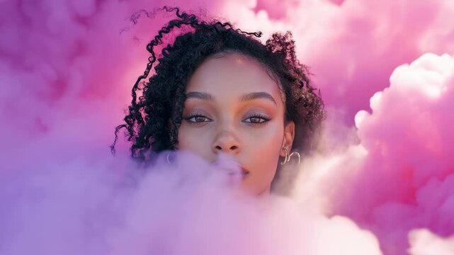 Woman emerges from vibrant purple smoke during outdoor photo session at sunset