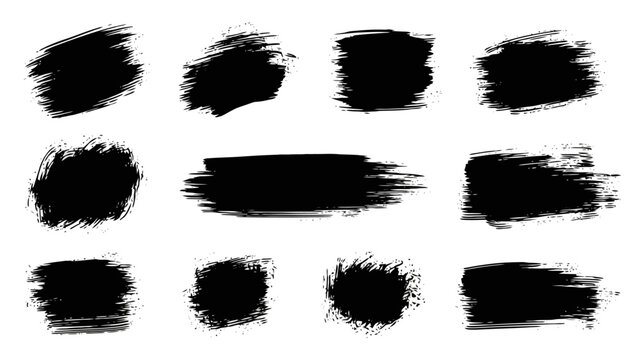 A collection of twelve black brush stroke elements on a white background, showcasing various textures and shapes.