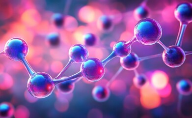 Glowing glossy molecular chain of connected spheres and bonds in neon pink and blue with soft bokeh background, futuristic and energetic scientific mood
