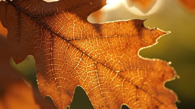 Backlit autumn oak leaf texture macro close-up with detailed veins in sunlight