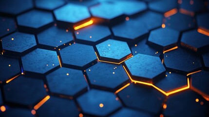 blue metallic hexagonal tiles with glowing orange seams and floating sparks, futuristic honeycomb surface conveying a dynamic high-tech mood