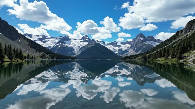 Reflection of Snowy Mountains and Clouds in Serene Lake, Rocky Mountains Landscape