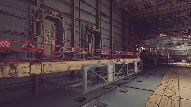 In a spacious industrial setting, red railings border platforms and heavy machinery. The environment is structured with metal walls and a well lit area filled with equipment.