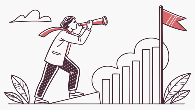 Visionary Striving for Success: A determined figure uses a spyglass to survey the horizon, charting a course toward goals amidst a backdrop of rising success and a symbolic flag