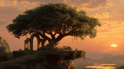 Obraz premium Majestic tree and ancient ruins at sunset with scenic landscape.