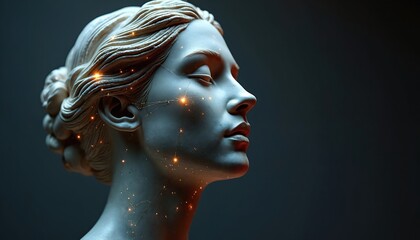 Marble bust of woman profile with glowing cosmic constellation lines and stars on dark background. Classic art meets sci-fi futuristic digital overlay.