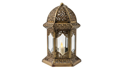 An ornate gold lantern with a lit candle isolated on transparent background