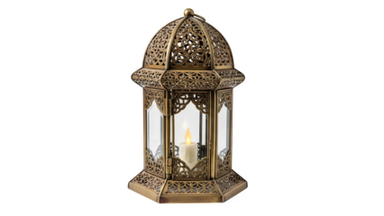 An ornate gold lantern with a lit candle isolated on transparent background