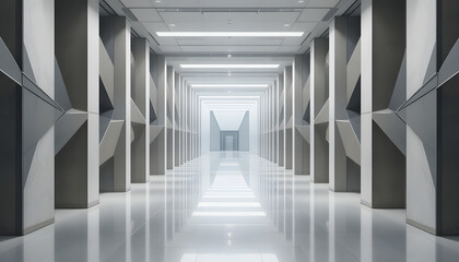 Obraz premium Modern office building interior with sleek gray corridors and bright lighting