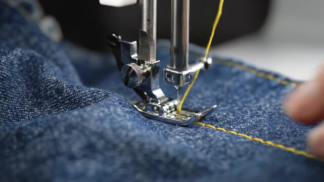 Sewing machine stitching denim fabric