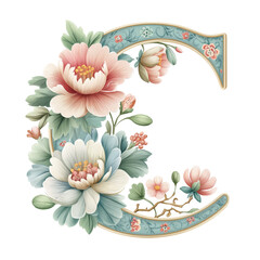 Intricate floral artistry features the elegant letter C in soft pastel hues, embodying a chinoiserie style filled with charm and grace