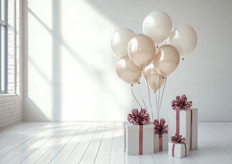 sunlit minimalist room with pearl balloons tied to wrapped gift boxes with pink ribbons and bows, elegant serene celebration scene