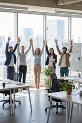 Team celebrates success in an office with a city view during a workday