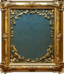 ornate gold picture frame with intricate floral and leaf design surrounding a textured blue-green central panel