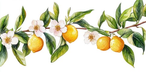Botanical watercolor branch of citrus with green leaves, white and pink blossoms and ripe golden oranges on a white background, evoking a fresh cheerful summer mood