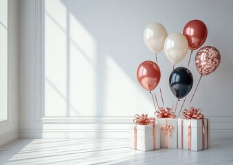 Elegant, calm celebration with wrapped gift boxes tied with bows and metallic and confetti balloons in a sunlit minimalist room casting window shadows