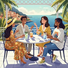 Friends enjoying drinks at a seaside cafe during a sunny afternoon