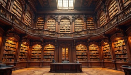 Grand antique library interior vast wooden bookshelves filled with old books. Warm golden light illuminates classic architecture, elegant study space. Historical building offers rich atmosphere for