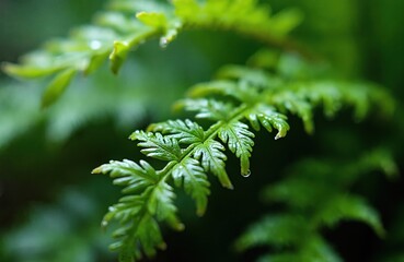 Fototapeta premium Close up of maidenhair fern frond against blurred backdrop. Fresh green foliage with water droplets, vibrant colour. Fern is suplir type popular for garden decoration, eco design themes.