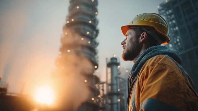 Young Engineer Adjusting Carbon-Capture Tower at Sunrise with Smokestack