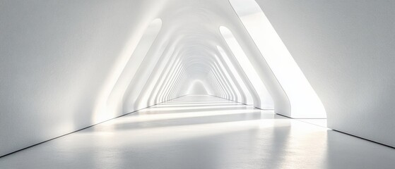 minimalist bright white corridor with repeating arched openings and soft sunlight casting long shadows, serene futuristic interior