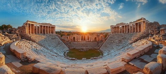 Sunset over ancient stone amphitheater with semicircular tiers and classical columns, dramatic sky and sunburst evoking timeless awe and serene beauty