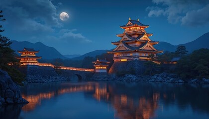 Night scene with Japanese castle illuminated, full moon. Ancient asian architecture reflects in calm river. Traditional ornate building in historic landscape with dramatic night sky adds cultural