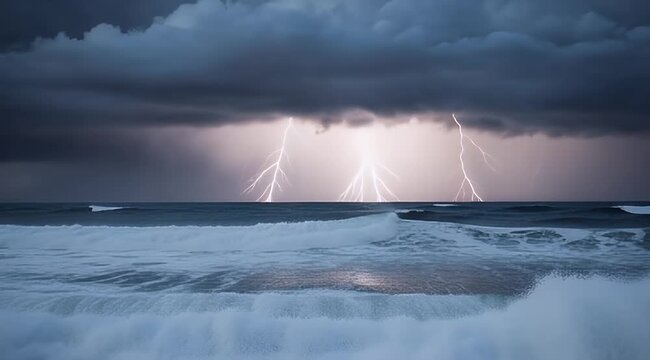 Lightning Storm Over Ocean Waves Crashing.
