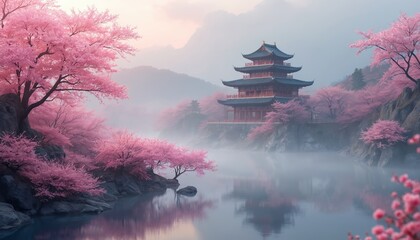Misty morning view of Japanese temple nestled amongst vibrant pink cherry blossoms. Calm lake reflects traditional architecture, flowering trees creating serene spring atmosphere. Soft fog drifts