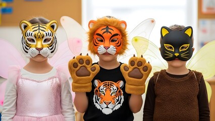 Three diverse young children proudly wearing vibrant animal and fairy costumes during playtime or a school event